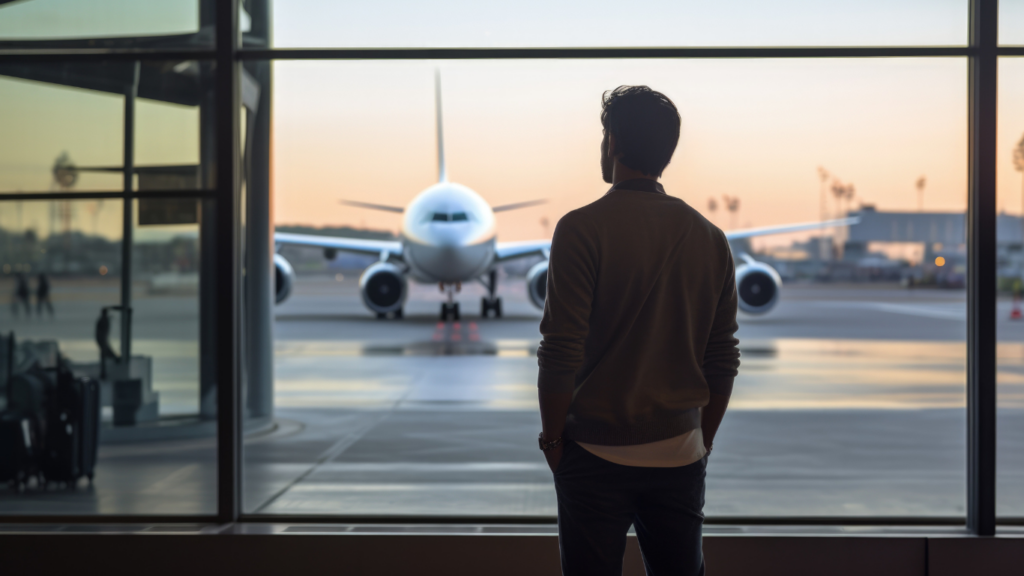Terapia lęku przed lataniem – osoba w terminalu patrzy na samolot